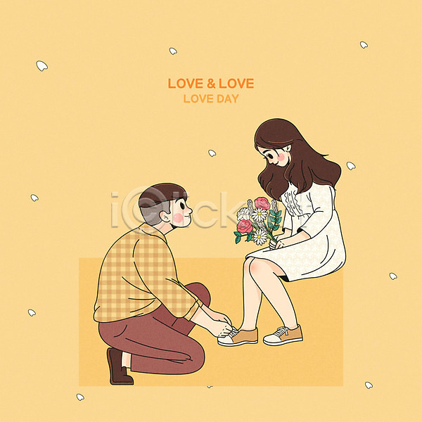 다정 로맨틱 사랑 남자 두명 사람 여자 AI(파일형식) 일러스트 꽃다발 꽃잎 노란색 셀프웨딩 이벤트 커플 프로포즈