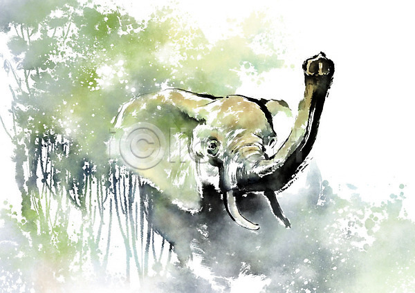 보호 사람없음 PSD 일러스트 나무 동물 번짐 붓터치 생태계 숲 식물 자연 캘리그라피 코끼리 풍경(경치) 한마리