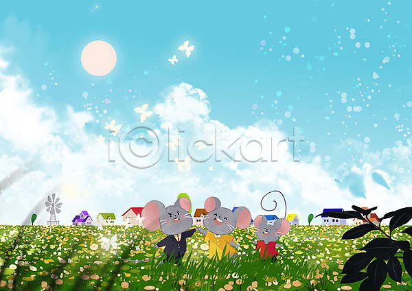 행복 사람없음 PSD 일러스트 경자년 구름(자연) 꽃밭 나비 반짝임 봄 세마리 자연 주택 쥐 쥐띠 컬러풀 태양 풀(식물) 풍경(경치) 하늘