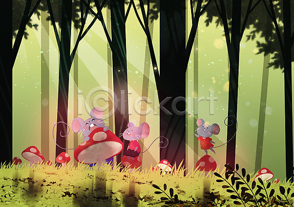 행복 사람없음 PSD 일러스트 경자년 나무 반짝임 버섯 세마리 숲 자연 쥐 쥐띠 컬러풀 풍경(경치) 햇빛