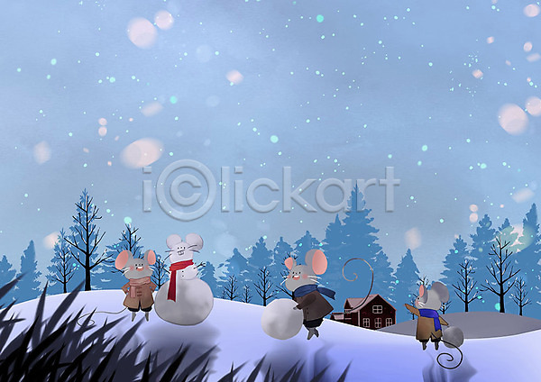 행복 사람없음 PSD 일러스트 겨울 경자년 나무 눈(날씨) 눈발 눈사람 반짝임 세마리 자연 주택 쥐 쥐띠 컬러풀 풀(식물) 풍경(경치)