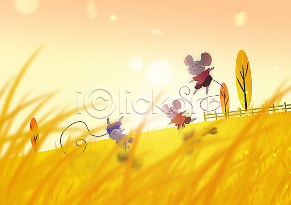 행복 사람없음 PSD 일러스트 가을(계절) 경자년 나무 반짝임 세마리 오후 울타리 자연 쥐 쥐띠 초원(자연) 컬러풀 태양 풍경(경치) 햇빛