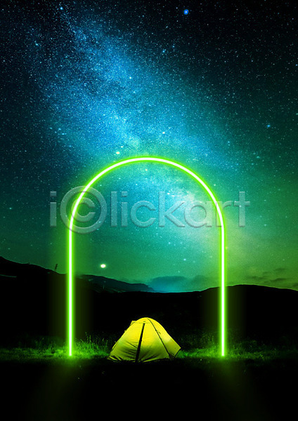 사람없음 PSD 편집이미지 네온 네온아트 밤하늘 백그라운드 빛 아치 야경 여행 연두색 은하수(은하) 카피스페이스 캠핑 텐트 하늘