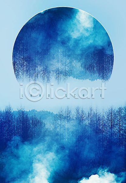 사람없음 PSD 편집이미지 경관 구름(자연) 나무 백그라운드 산 숲 안개 원형 자연 클래식블루 파란색 프레임 해외풍경