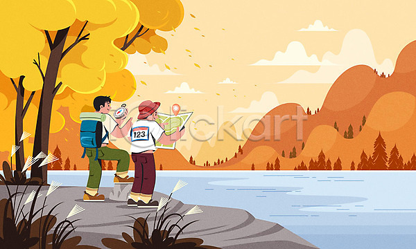 즐거움 남자 두명 소년만 어린이 AI(파일형식) 일러스트 가방 깃발 나무 나침반 등산 산 숲 스포츠 오리엔티어링 운동 위치 지도 행선지 호수