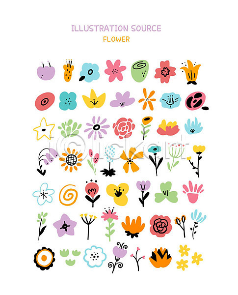 귀여움 사람없음 AI(파일형식) 일러스트 꽃 꽃잎 세트 손그림 스티커 아기자기 이모티콘 잎 장미 튤립