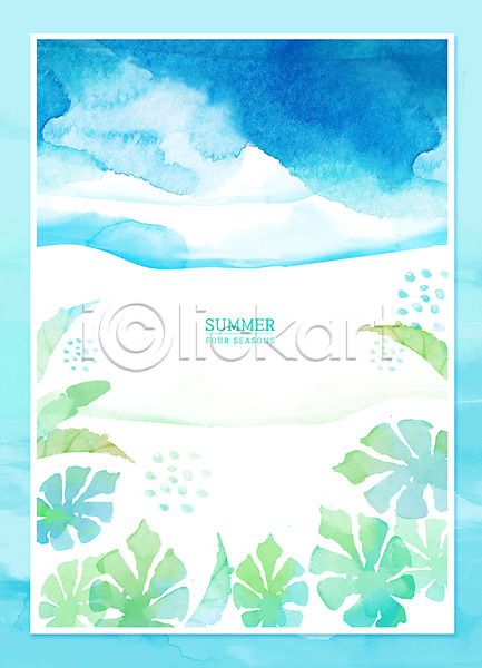 사람없음 PSD 일러스트 프레임일러스트 물결 백그라운드 번짐 붓터치 수채화(물감) 야자수잎 여름(계절) 잎 파도 포스터 프레임