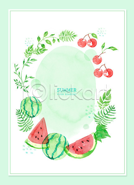 사람없음 PSD 일러스트 프레임일러스트 백그라운드 번짐 붓터치 수박 수채화(물감) 여름(계절) 여름음식 잎 제철과일 체리 초록색 포스터 프레임