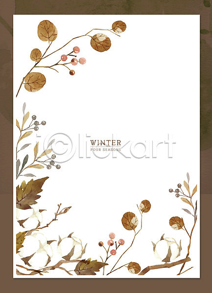 사람없음 PSD 일러스트 프레임일러스트 갈색 겨울 겨울배경 나뭇가지 목화꽃 백그라운드 번짐 붓터치 솜 수채화(물감) 포스터 프레임