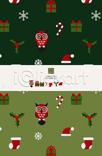 사람없음 AI(파일형식) 일러스트 겨울 겨울배경 눈송이 디자인 백그라운드 부엉이 산타모자 선물 선물상자 세트 컬러풀 크리스마스 크리스마스양말 패턴 패턴백그라운드 포인세티아 포장지