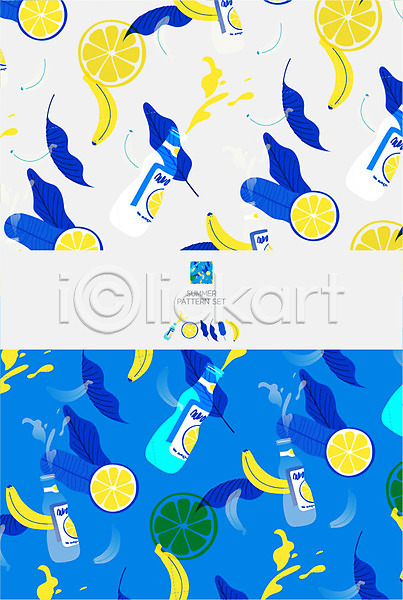 사람없음 AI(파일형식) 일러스트 디자인 레몬 바나나 백그라운드 세트 여름(계절) 음료 잎 컬러풀 패턴 패턴백그라운드 포장지