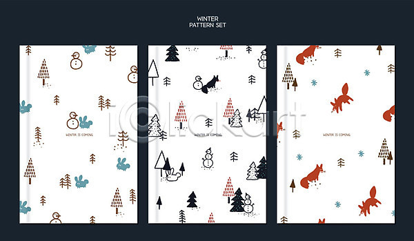 사람없음 AI(파일형식) 일러스트 겨울 겨울배경 나무 눈(날씨) 눈사람 디자인 백그라운드 세트 여우 컬러풀 토끼 패턴 패턴백그라운드 포장지