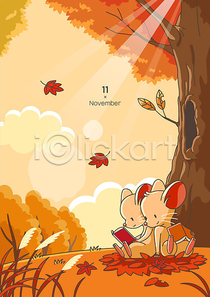 따뜻함 즐거움 사람없음 AI(파일형식) 일러스트 프레임일러스트 11월 2020년 가을(계절) 경자년 나무 낙엽 단풍 달력 독서 두마리 십이지신 십이지신캐릭터 쥐 쥐띠 쥐캐릭터 프레임 흰쥐