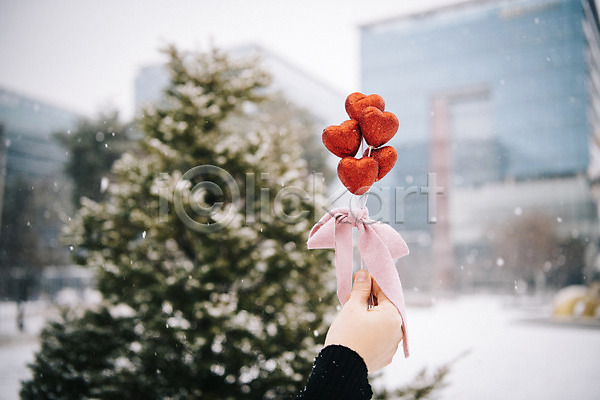 사랑 즐거움 신체부위 JPG 아웃포커스 포토 겨울 겨울풍경 나무 눈(날씨) 다발 들기 리본 손 야외 오브젝트 주간 하트