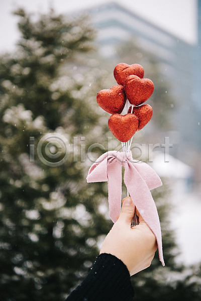 사랑 즐거움 신체부위 JPG 아웃포커스 포토 겨울 겨울풍경 나무 눈(날씨) 다발 들기 리본 손 야외 오브젝트 주간 하트