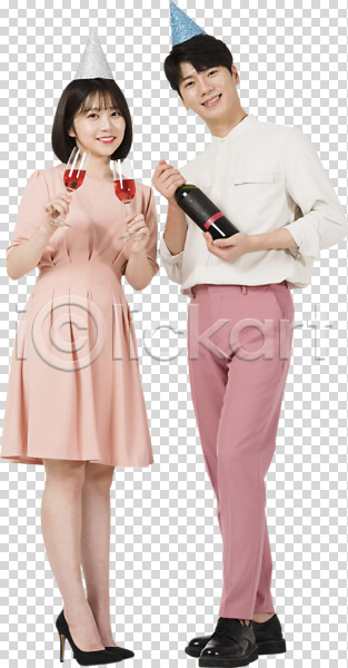 다정 사랑 20대 남자 두명 성인만 여자 한국인 PNG 앞모습 편집이미지 고깔(모자) 누끼 데이트 들기 미소(표정) 분홍색 샴페인 샴페인잔 서기 이벤트 전신 정장 커플 커플라이프 파티 편집소스