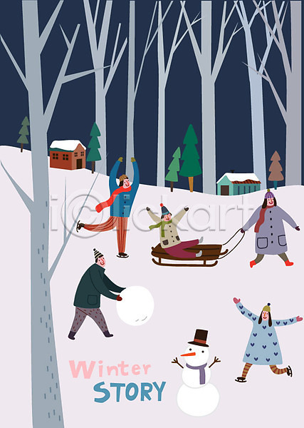 즐거움 남자 사람 성인 어린이 여러명 여자 AI(파일형식) 일러스트 겨울 나무 눈(날씨) 눈사람 라이프스타일 숲 스케이트 썰매 주택 크리스마스