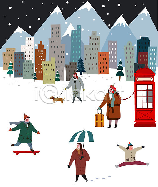 즐거움 남자 사람 성인 여러명 여자 AI(파일형식) 일러스트 건물 겨울 겨울풍경 눈(날씨) 빌딩 산 스케이트보드 우산 캐리어