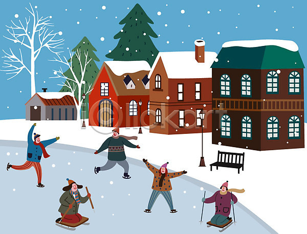 즐거움 남자 사람 성인 여러명 여자 AI(파일형식) 일러스트 가로등 겨울 겨울풍경 나무 눈(날씨) 라이프스타일 벤치 스케이트 썰매 주택 크리스마스