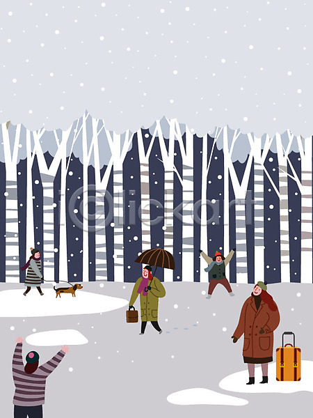 즐거움 남자 사람 성인 여러명 여자 AI(파일형식) 일러스트 가방 강아지 겨울 겨울풍경 나무 눈(날씨) 라이프스타일 숲 우산 캐리어 크리스마스