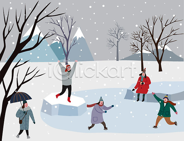 즐거움 남자 사람 성인 여자 AI(파일형식) 일러스트 겨울 겨울풍경 나무 눈(날씨) 라이프스타일 산 스케이트 얼음판 우산 크리스마스 호수