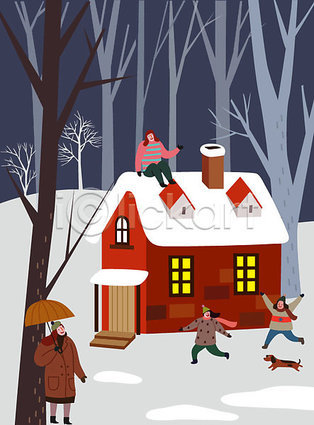 즐거움 남자 사람 성인 여러명 여자 AI(파일형식) 일러스트 강아지 겨울 겨울풍경 나무 눈(날씨) 라이프스타일 숲 우산 주택 크리스마스