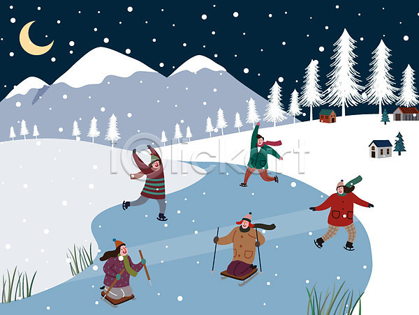 즐거움 남자 사람 성인 여러명 여자 AI(파일형식) 일러스트 겨울 겨울풍경 나무 눈(날씨) 라이프스타일 산 숲 스케이트 썰매 얼음썰매 주택 초승달 크리스마스