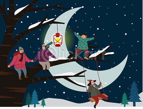 즐거움 남자 사람 성인 여러명 여자 AI(파일형식) 일러스트 겨울 겨울풍경 그네 나무 눈(날씨) 라이프스타일 램프 초승달 크리스마스