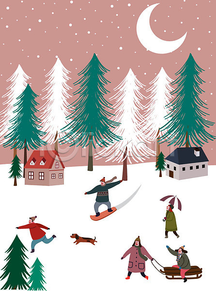 즐거움 남자 사람 성인 여러명 여자 AI(파일형식) 일러스트 강아지 겨울 겨울풍경 나무 눈(날씨) 라이프스타일 스노우보드 썰매 우산 주택 초승달 크리스마스