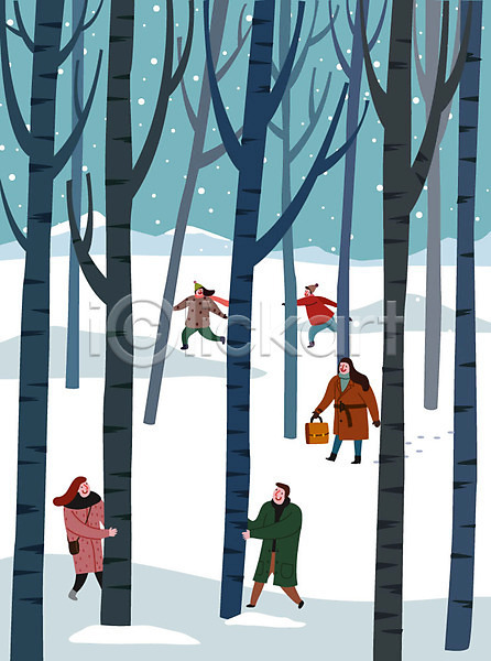 즐거움 남자 사람 성인 여러명 여자 AI(파일형식) 일러스트 가방 겨울 겨울풍경 나무 눈(날씨) 라이프스타일 숲 커플 크리스마스