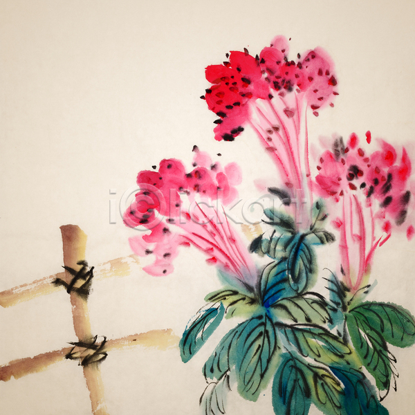 사람없음 JPG 포토 해외이미지 그림 꽃 동양화 먹 미술 번짐 붓터치 빨간색 울타리