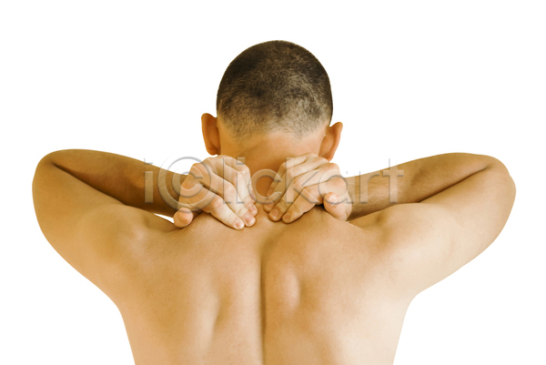 고통 남자 성인 성인남자한명만 한명 JPG 뒷모습 포토 해외이미지 목통증 상반신 실내 잡기 흰배경