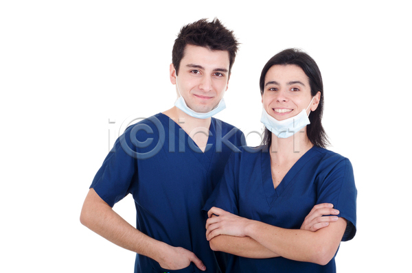 행복 20대 30대 남자 두명 백인 사람 여자 JPG 포토 해외이미지 2 가면 간호사 건강 고립 그룹 노동자 동료 백그라운드 병원 수술 씻기 약 외과 유니폼 의사 인턴 직업 치과의사 파란색 흰색