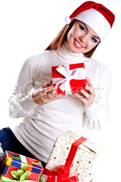 새로움 축하 행복 흥분 백인 사람 성인 여자 한명 JPG 포토 해외이미지 겨울 고립 놀람 리본 뷰티 빨간색 산타클로스 상자 선물 소매 쇼핑 연도 웃음 잔치 잡기 종이 주기 캡모자 크리스마스 패키지 활 휴가 흰색