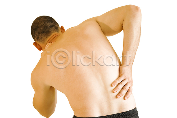 고통 남자 성인 성인남자한명만 한명 JPG 뒷모습 포토 해외이미지 상반신 실내 잡기 허리통증 흰배경