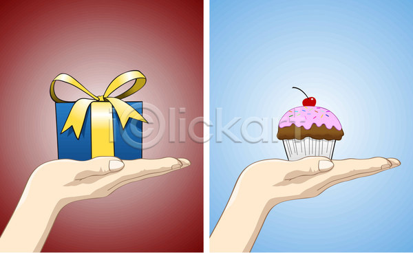 달콤 EPS 일러스트 해외이미지 빨간색 생일 선물 손 손바닥 주기 체리 컵케이크 케이크 파란색