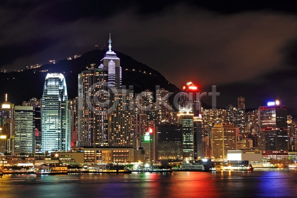 사람없음 JPG 포토 해외이미지 건물 고층빌딩 구름(자연) 도시 도시풍경 바다 산 야간 야경 야외 조명 홍콩