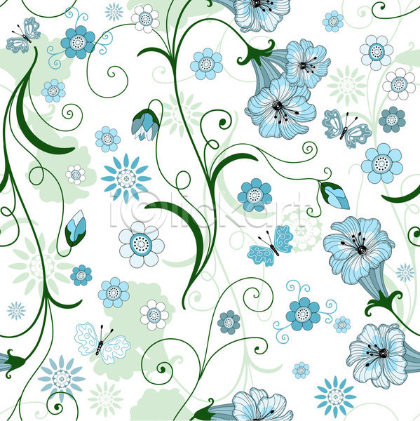 화려 사람없음 EPS 일러스트 해외이미지 꽃 꽃무늬 나비 디자인 백그라운드 여러마리 잎 줄기 하늘색