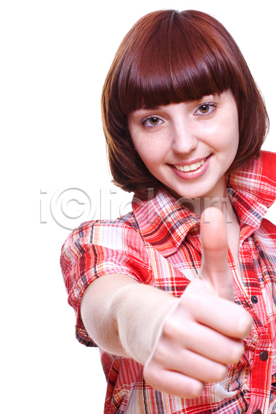 기쁨 청춘(젊음) 행복 10대 사람 성인 소녀(어린이) 여자 한명 JPG 포토 해외이미지 고립 관리 머리 미소(표정) 백그라운드 뷰티 빨간색 셔츠 손가락 얼굴 옷 웃음 응시 컬러풀 티셔츠 학생 흰색
