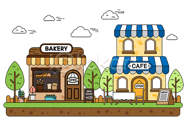 사람없음 AI(파일형식) 아이콘 간판 건물 구름(자연) 나무 메뉴판 빵 빵집 상점 세트 식빵 오픈 의자 창문 카페 탁자 화분