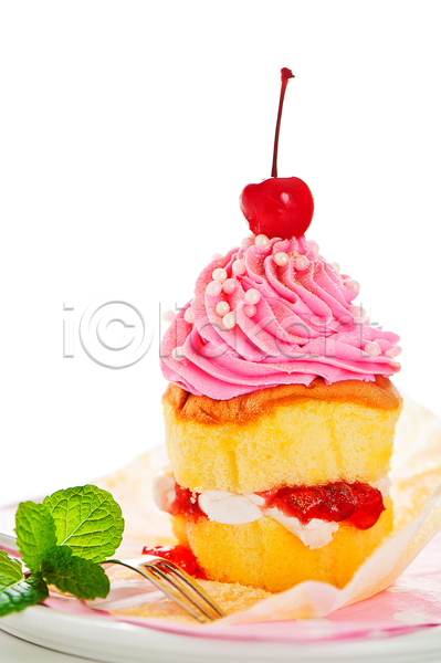 달콤 사람없음 JPG 포토 해외이미지 스프링클 잎 장식 체리 컵케이크 크림 포크