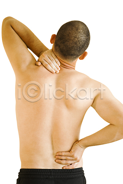 고통 남자 성인 성인남자한명만 한명 JPG 뒷모습 포토 해외이미지 목통증 상반신 실내 잡기 허리통증 흰배경