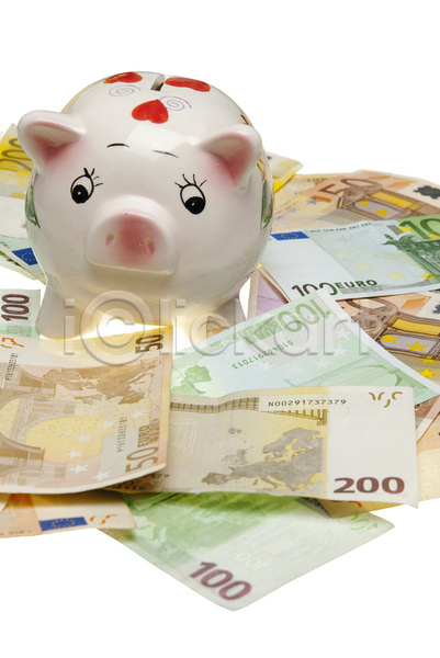 사람없음 JPG 포토 해외이미지 경제 금융 돼지저금통 실내 유로 지폐 흰배경