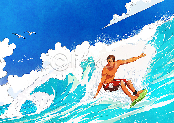 시원함 남자 성인 성인남자한명만 한명 PSD 일러스트 갈매기 구름(자연) 두마리 바다 서기 서퍼 서핑 서핑보드 수영복 전신 파도 파란색 하늘