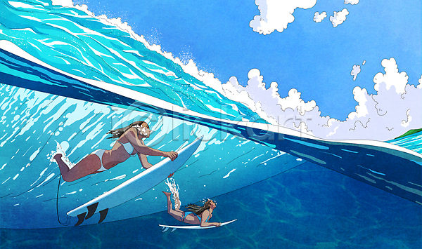 시원함 두명 성인 성인여자만 여자 PSD 일러스트 구름(자연) 바다 비키니 서퍼 서핑 서핑보드 수영 수영복 잠수 전신 파도 파란색 하늘