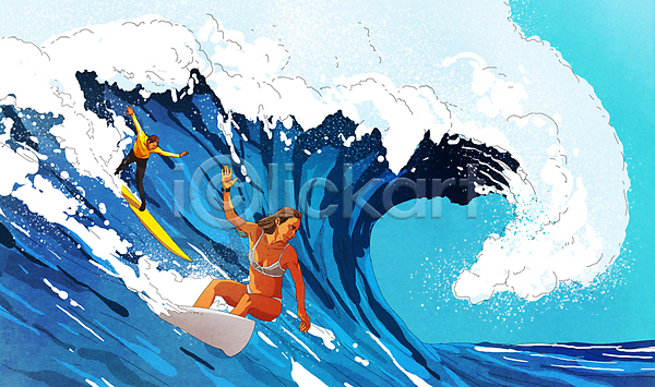 시원함 남자 두명 성인 성인만 여자 PSD 일러스트 구름(자연) 바다 비키니 서기 서퍼 서핑 서핑보드 수영복 전신 파도 파란색 하늘