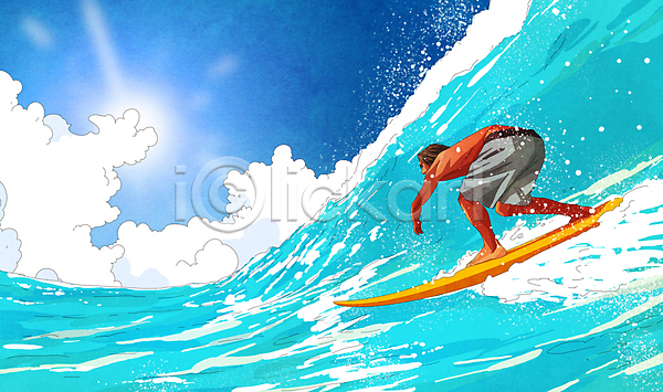 시원함 남자 성인 성인남자한명만 한명 PSD 일러스트 구름(자연) 바다 서기 서퍼 서핑 서핑보드 수영복 전신 태양 파도 파란색 하늘 허리숙이기