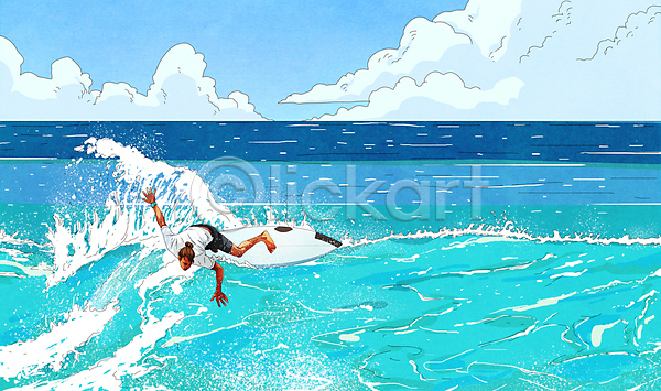 시원함 남자 성인 성인남자한명만 한명 PSD 일러스트 구름(자연) 바다 서기 서퍼 서핑 서핑보드 수영복 전신 파도 파란색 하늘