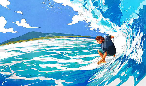 시원함 남자 성인 성인남자한명만 한명 PSD 일러스트 구름(자연) 바다 서퍼 서핑 서핑보드 섬 수영복 웅크림 전신 파도 파란색 하늘 해변