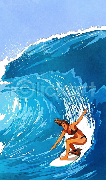 시원함 성인 성인여자한명만 여자 한명 PSD 일러스트 구름(자연) 바다 비키니 서퍼 서핑 서핑보드 수영복 웅크림 전신 파도 파란색 하늘